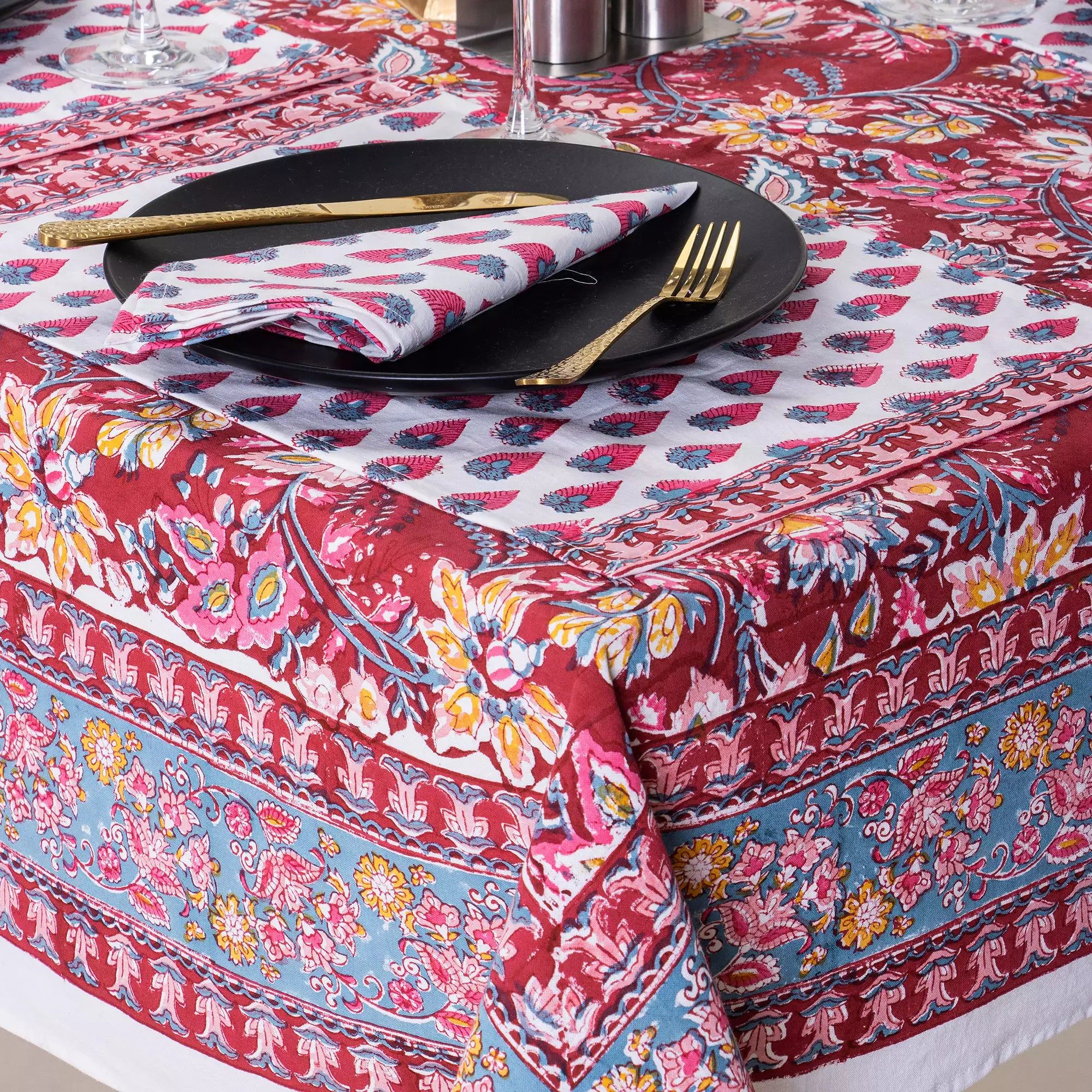 Red Floral Block Print Cotton Dining Table Cover 6 Seater